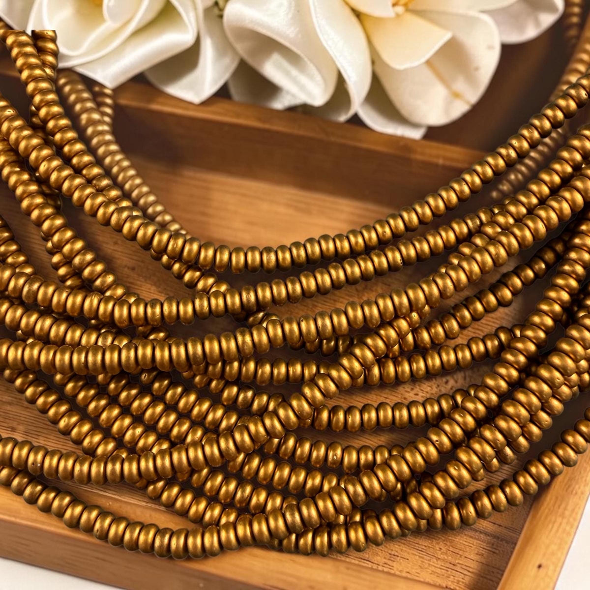 Czech Glass Beads - 4x2mm Heishi Rondelle, Matte Satin Antiqued Gold (RD4/SM-K0174) * Qty. 100