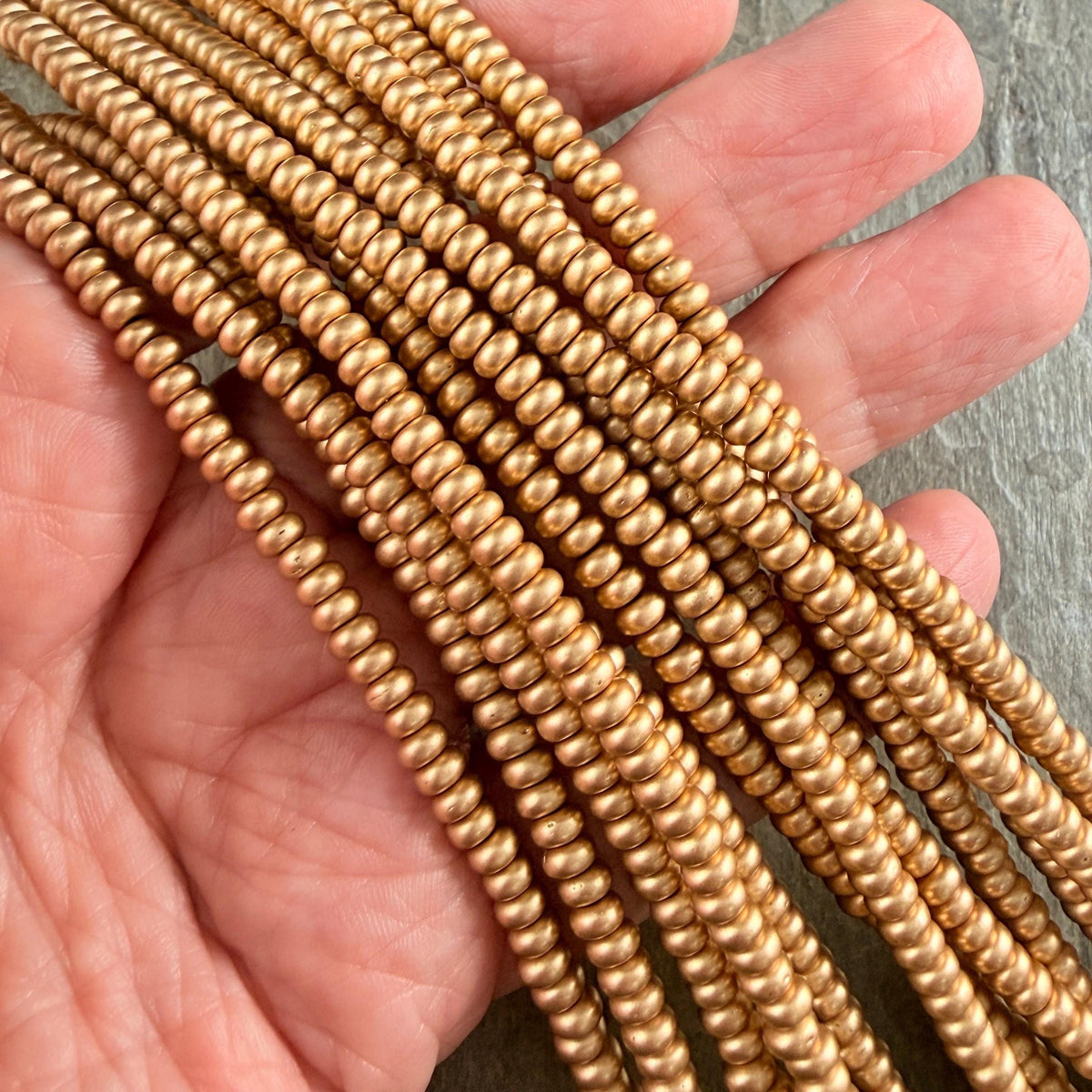 Czech Glass Beads - 4x2mm Heishi Rondelle, Matte Satin Gold (RD4/SM-K0171) * Qty. 100