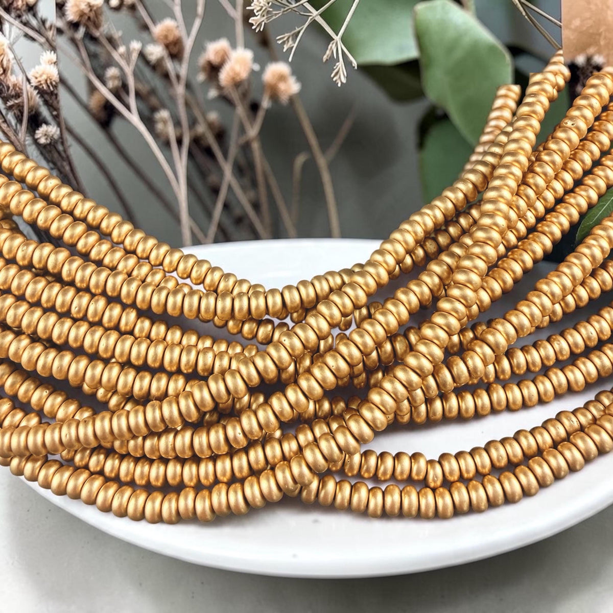 Czech Glass Beads - 4x2mm Heishi Rondelle, Matte Satin Gold (RD4/SM-K0171) * Qty. 100