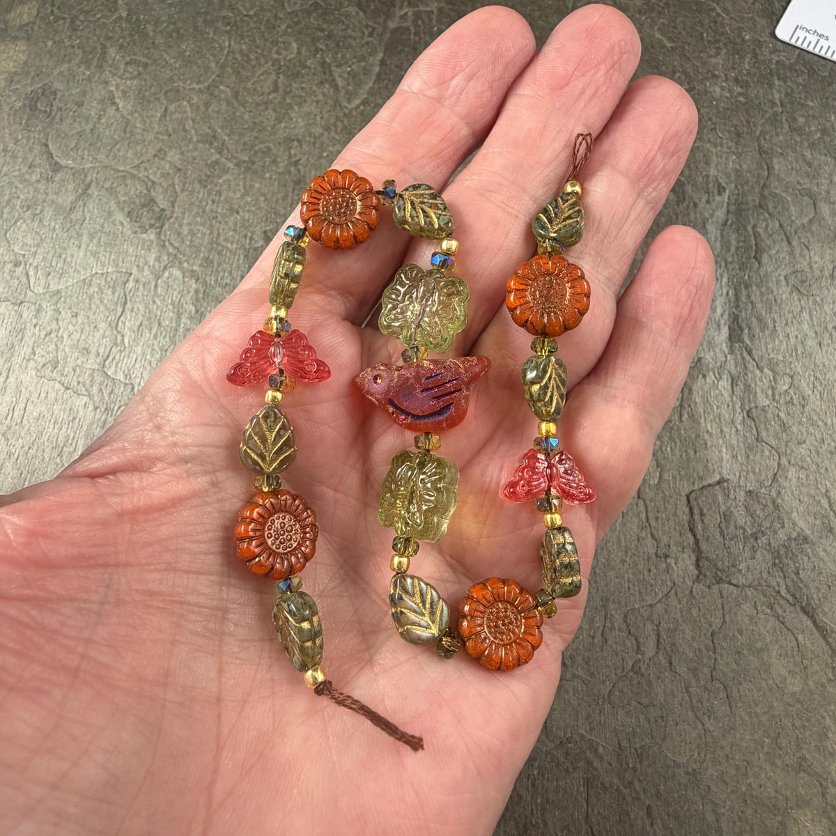 Orange and Green Czech Glass Beads, Nature Theme Exclusive Mix, Bead Soup (DZ526.14) - 9.5" Strand
