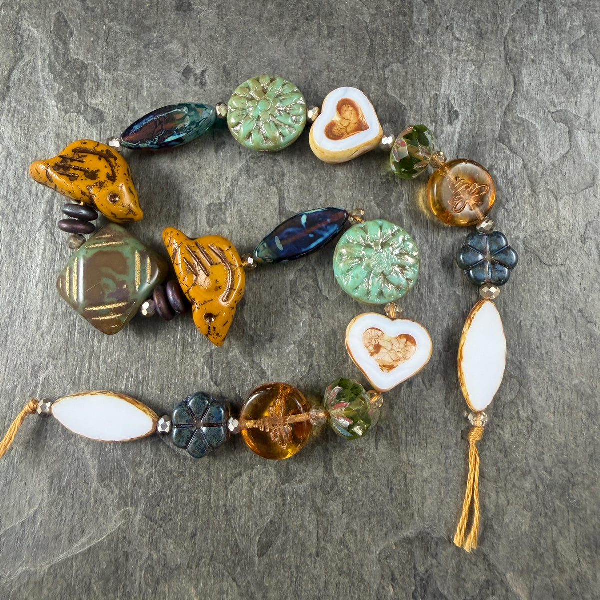 Turquoise and Brown Nature Theme Czech Glass Beads, Exclusive Mix, Bead Soup (1011.02) - 11" Strand