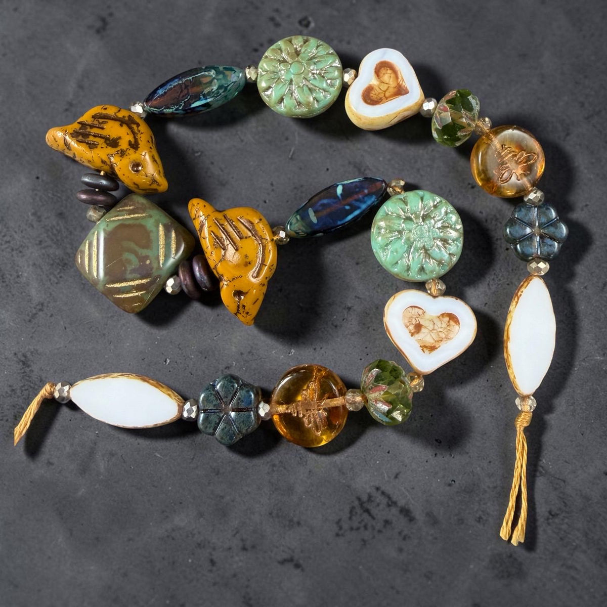 Turquoise and Brown Nature Theme Czech Glass Beads, Exclusive Mix, Bead Soup (1011.02) - 11" Strand