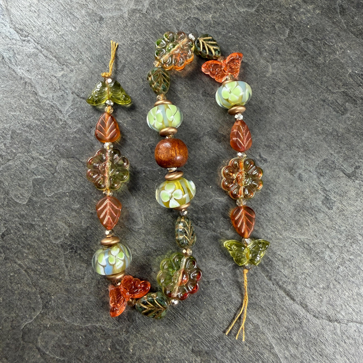 Orange and Green Floral Theme Glass Beads, Exclusive Mix, Bead Soup (1011.03) - 10.5" Strand