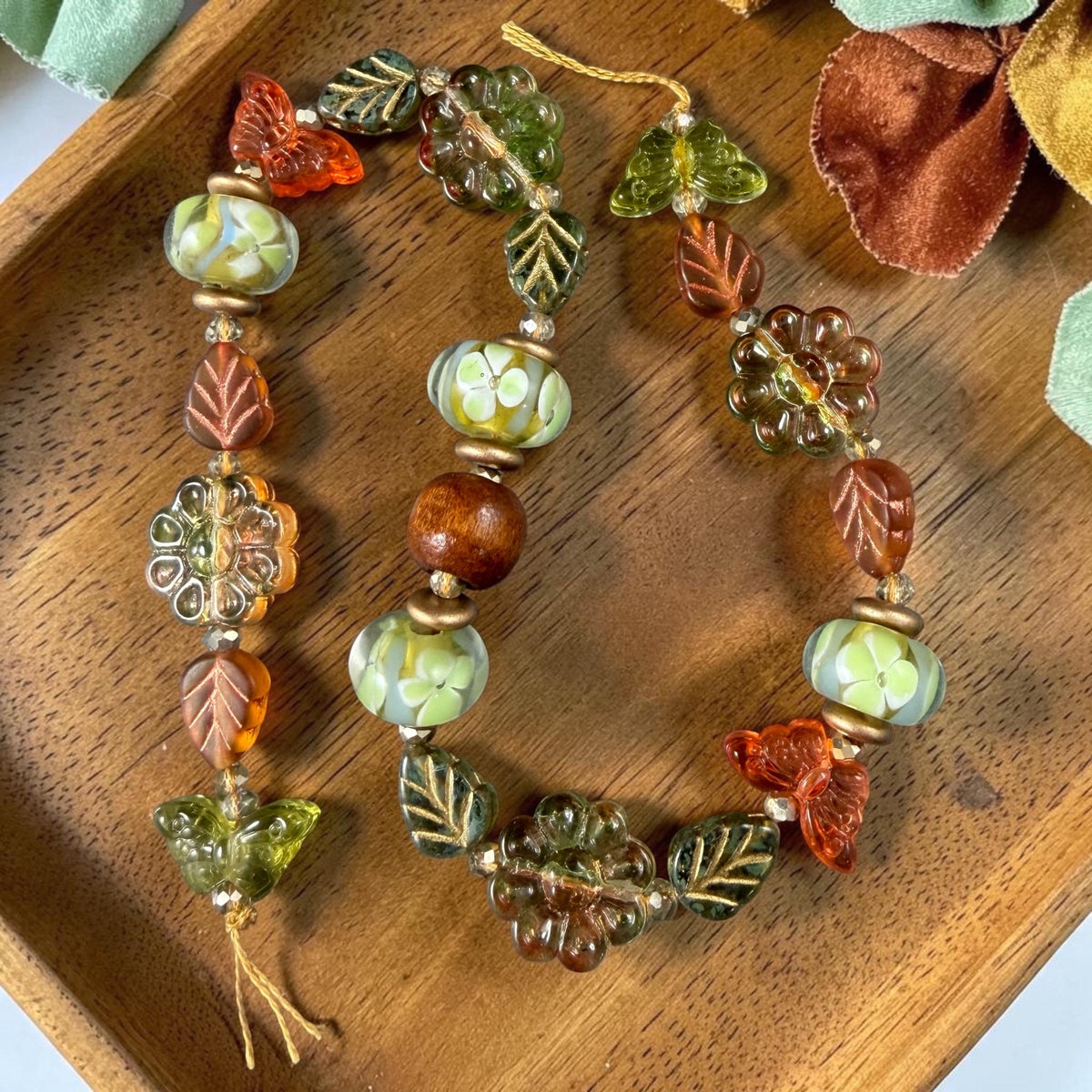 Orange and Green Floral Theme Glass Beads, Exclusive Mix, Bead Soup (1011.03) - 10.5" Strand
