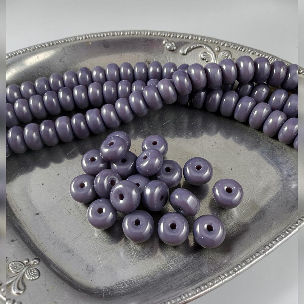 RESERVED - Glass Beads - 8x5mm Rondelles, Dark Forest Green Cat's Eye and Dark Lavender