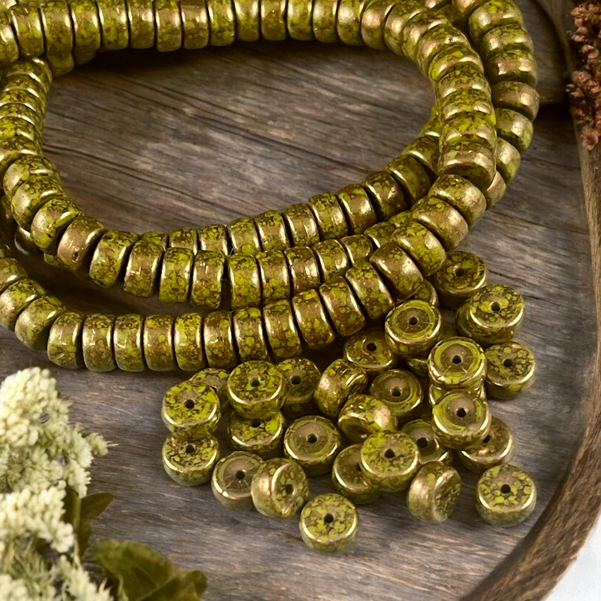 6mm Olive Green Heishi Rondelle, Czech Glass Beads, Olive Green with Bronze Picasso Finish (HSH/N-0583) * 50 Beads