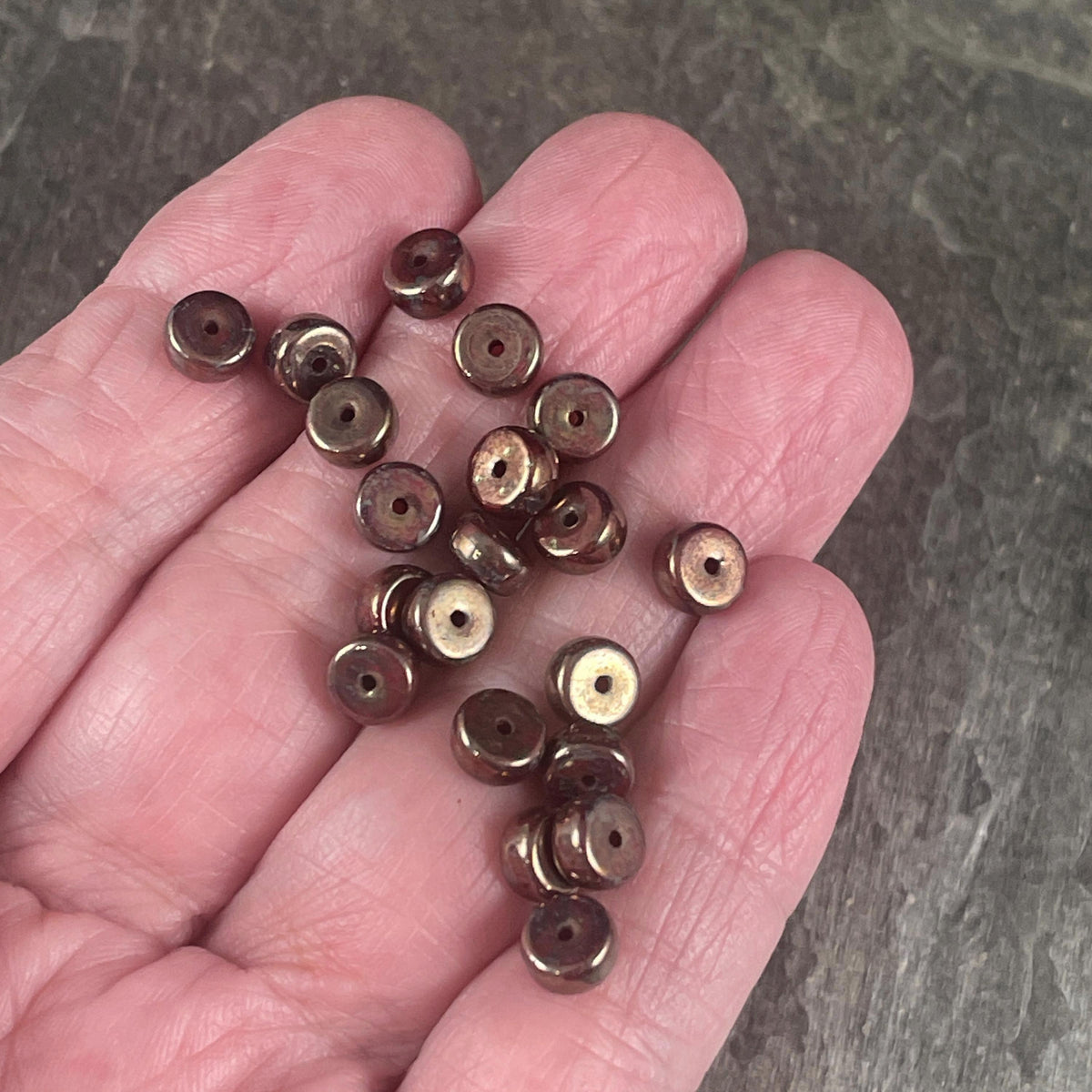 Czech Glass Beads - 6mm Sangria Red Heishi Rondelle, Dark Red with Full Bronze Picasso Finish (HSH/N-0698) * 50 Beads