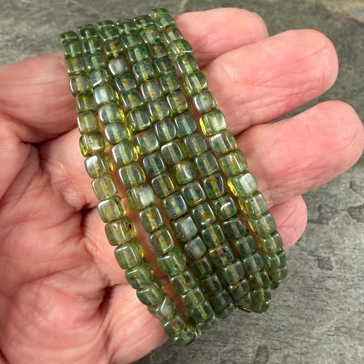 4mm Czech Glass Cube Beads, Transparent Sea Green with Picasso (CUB/N-2088) * Qty. 40