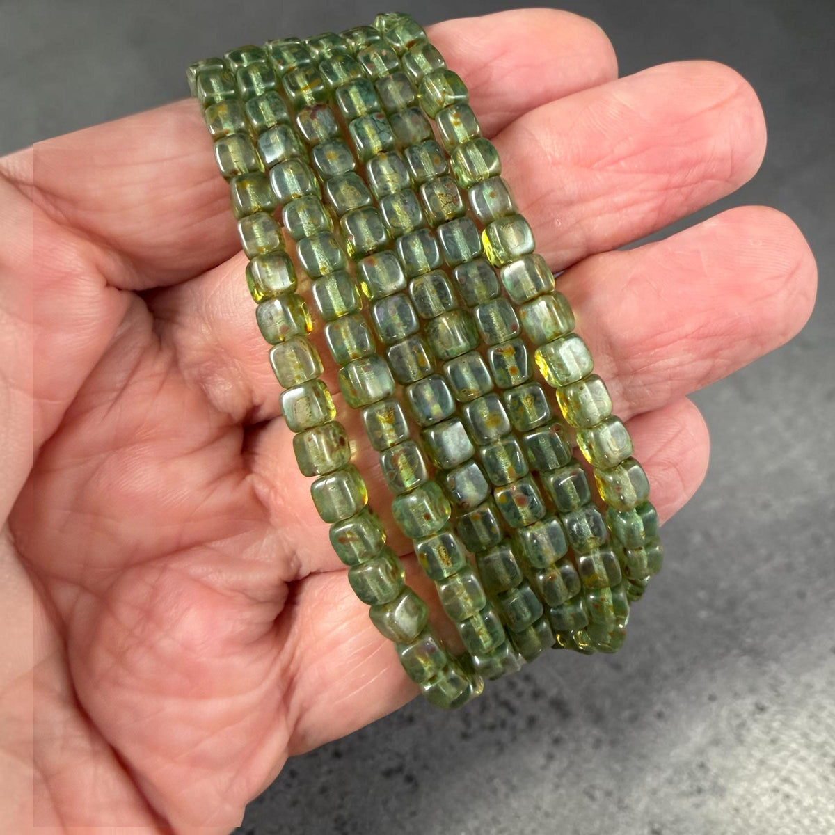4mm Czech Glass Cube Beads, Transparent Sea Green with Picasso (CUB/N-2088) * Qty. 40