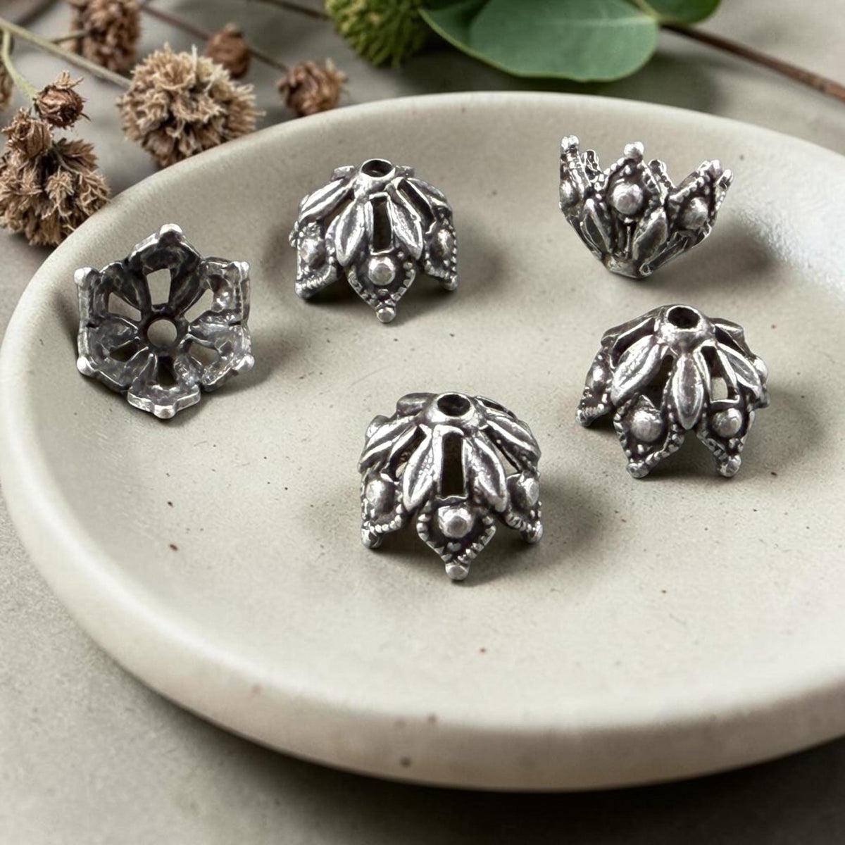 10mm Antiqued Silver Gothic Style Bead Caps, Silver Plated Brass (VJS/L16) * Qty. 4