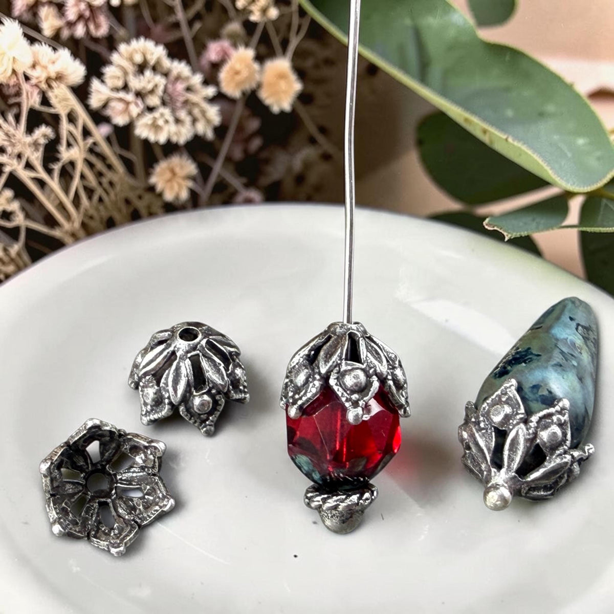 10mm Antiqued Silver Gothic Style Bead Caps, Silver Plated Brass (VJS/L16) * Qty. 4