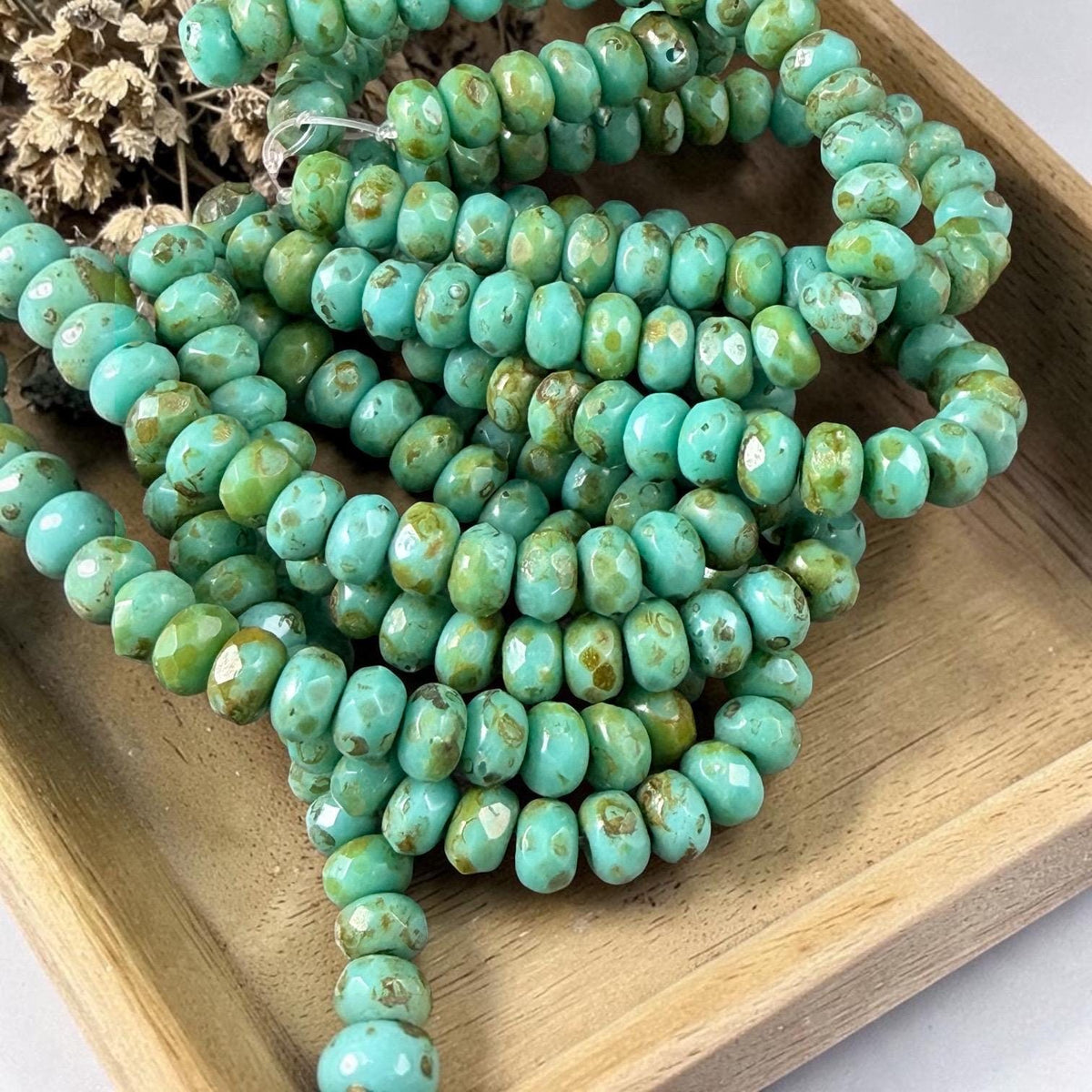Czech Glass Beads - 5x3mm Faceted Rondelle, Turquoise with Picasso Finish (R5/N-0045) * Qty. 30