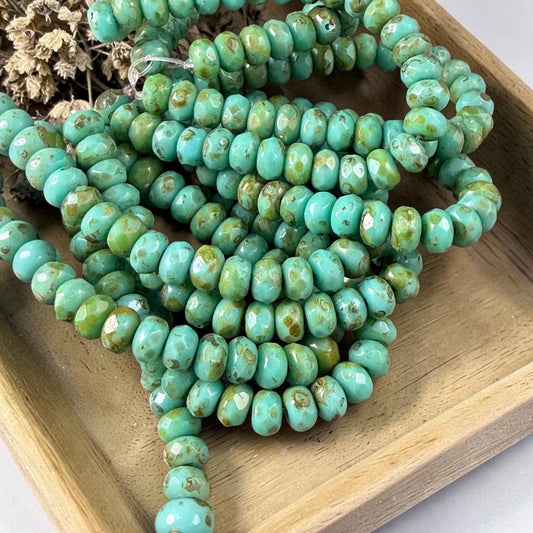 Czech Glass Beads - 5x3mm Faceted Rondelle, Turquoise with Picasso Finish (R5/N-0045) * Qty. 30