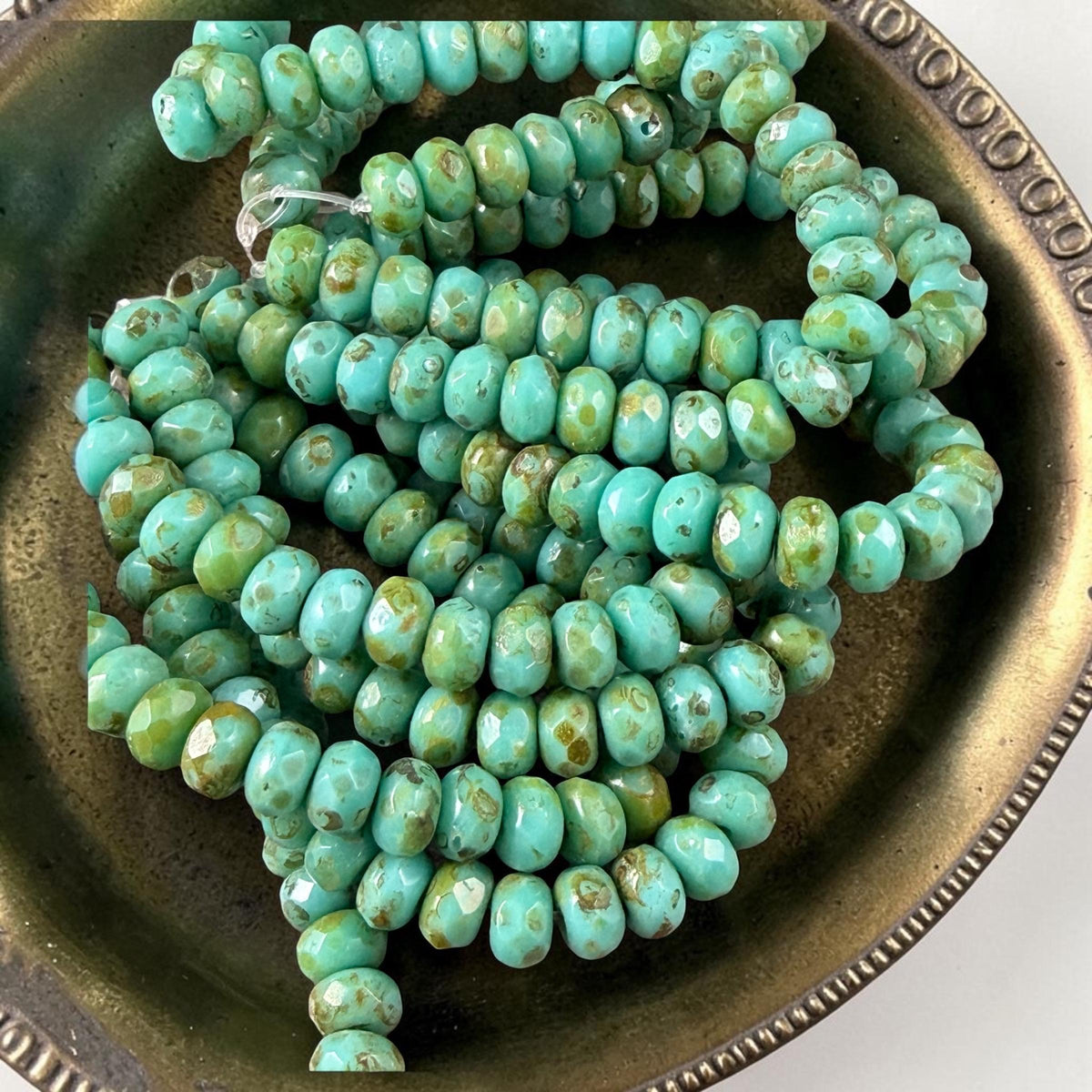 Czech Glass Beads - 5x3mm Faceted Rondelle, Turquoise with Picasso Finish (R5/N-0045) * Qty. 30