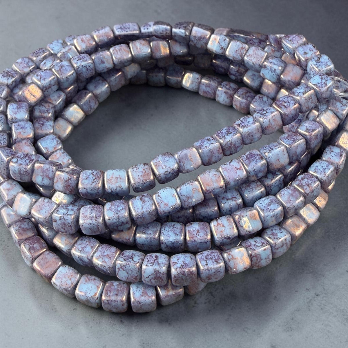 Czech Glass Beads - 4mm Cube Beads, Slate Blue with Purple Bronze Picasso (CUB/N-0822) * Qty. 40