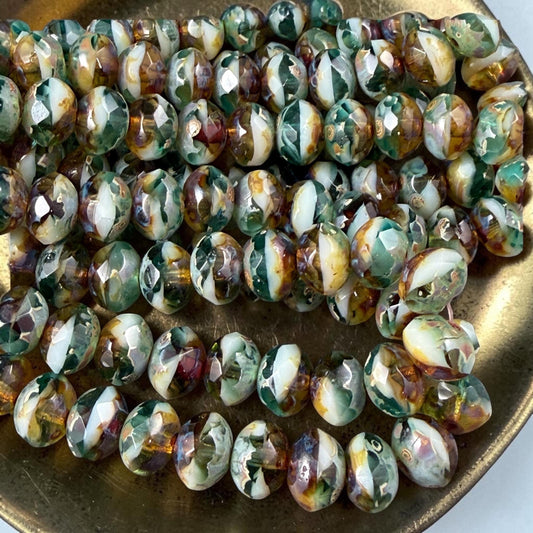 Czech Glass Beads - 7x5mm Faceted Rondelle, Topaz, Aqua and White with Picasso (R7/N-0837) * Qty. 25