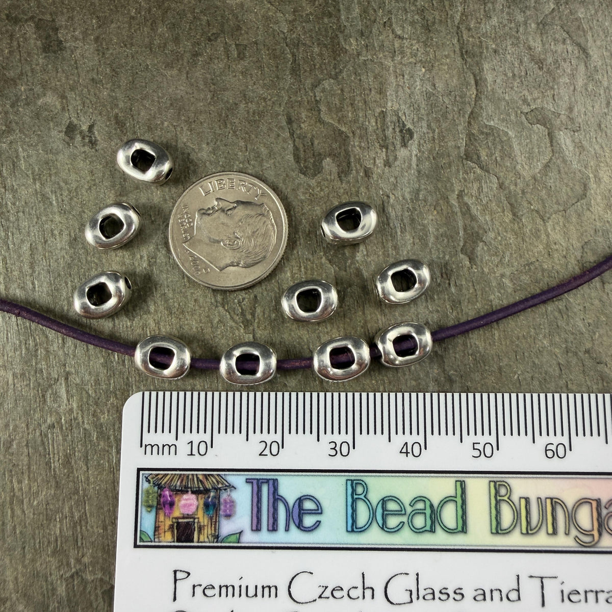 Antiqued Silver Plated Oval Bead, 8x6.25mm with Window and 2mm Hole (PF/14728-77) * Qty. 10