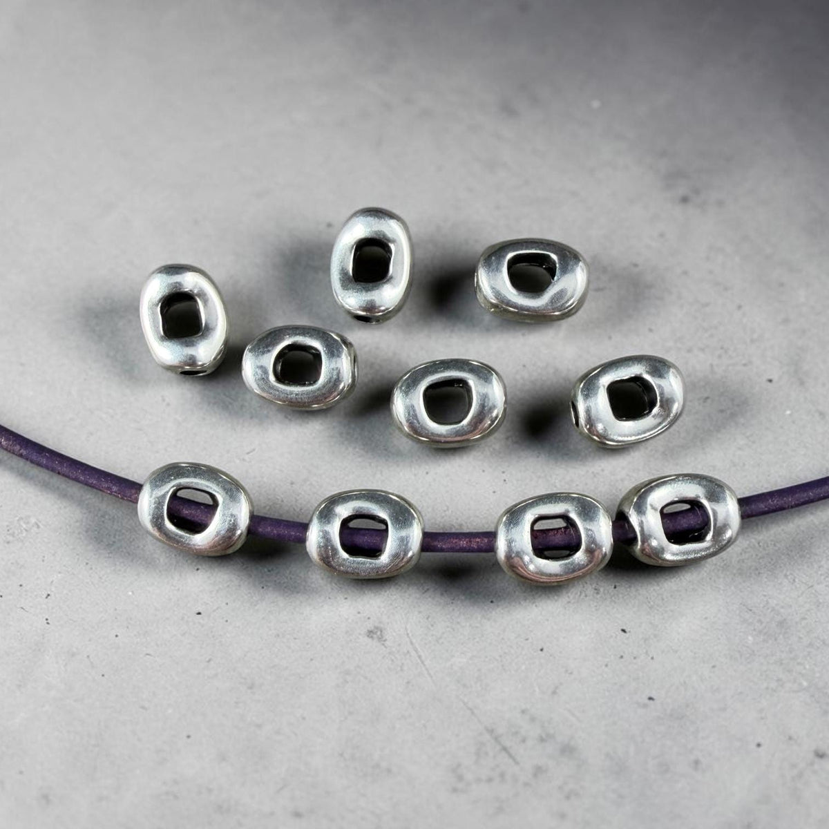 Antiqued Silver Plated Oval Bead, 8x6.25mm with Window and 2mm Hole (PF/14728-77) * Qty. 10