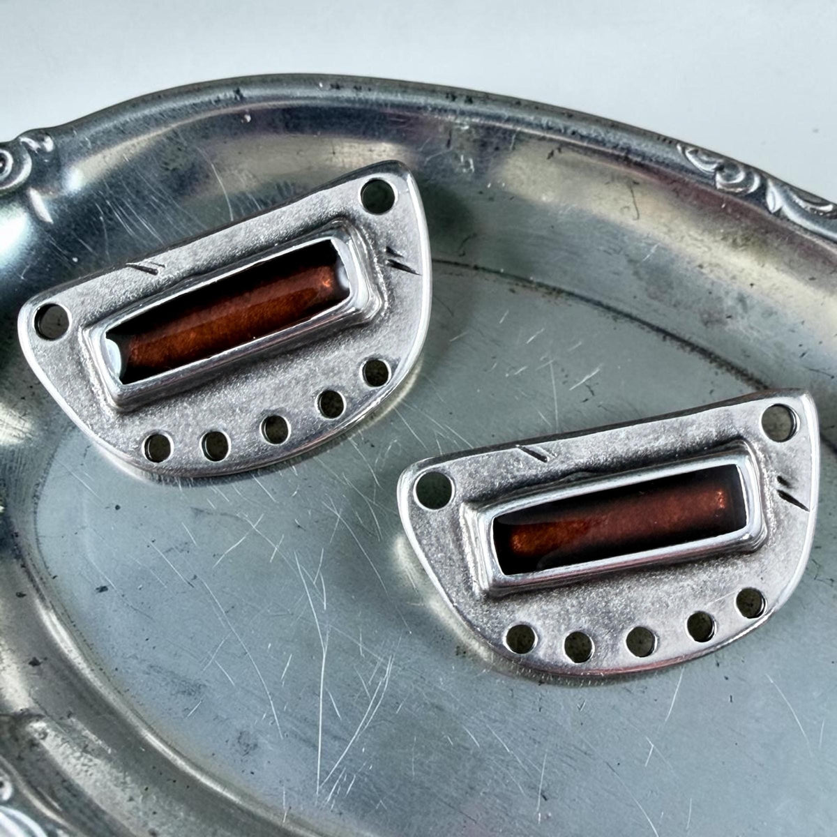 Antiqued Silver Chandelier Pendant, Connector with Coppery Brown Enamel Inlay (PF/15295-72-0552) * Qty. 2