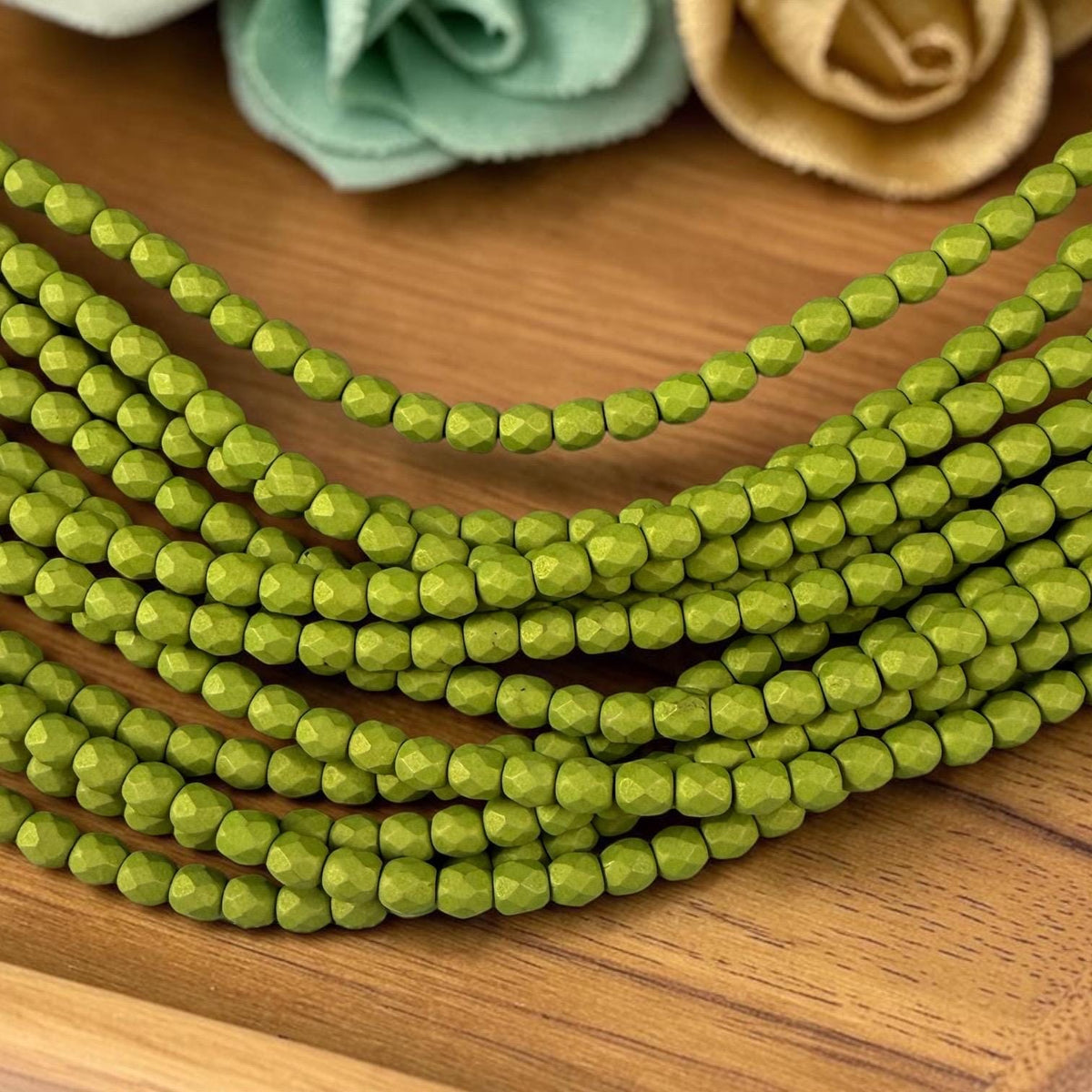 Czech Glass - 4mm Faceted Round Beads, Opaque Matte Olive Green (FP4/SM-29768) * Qty 50