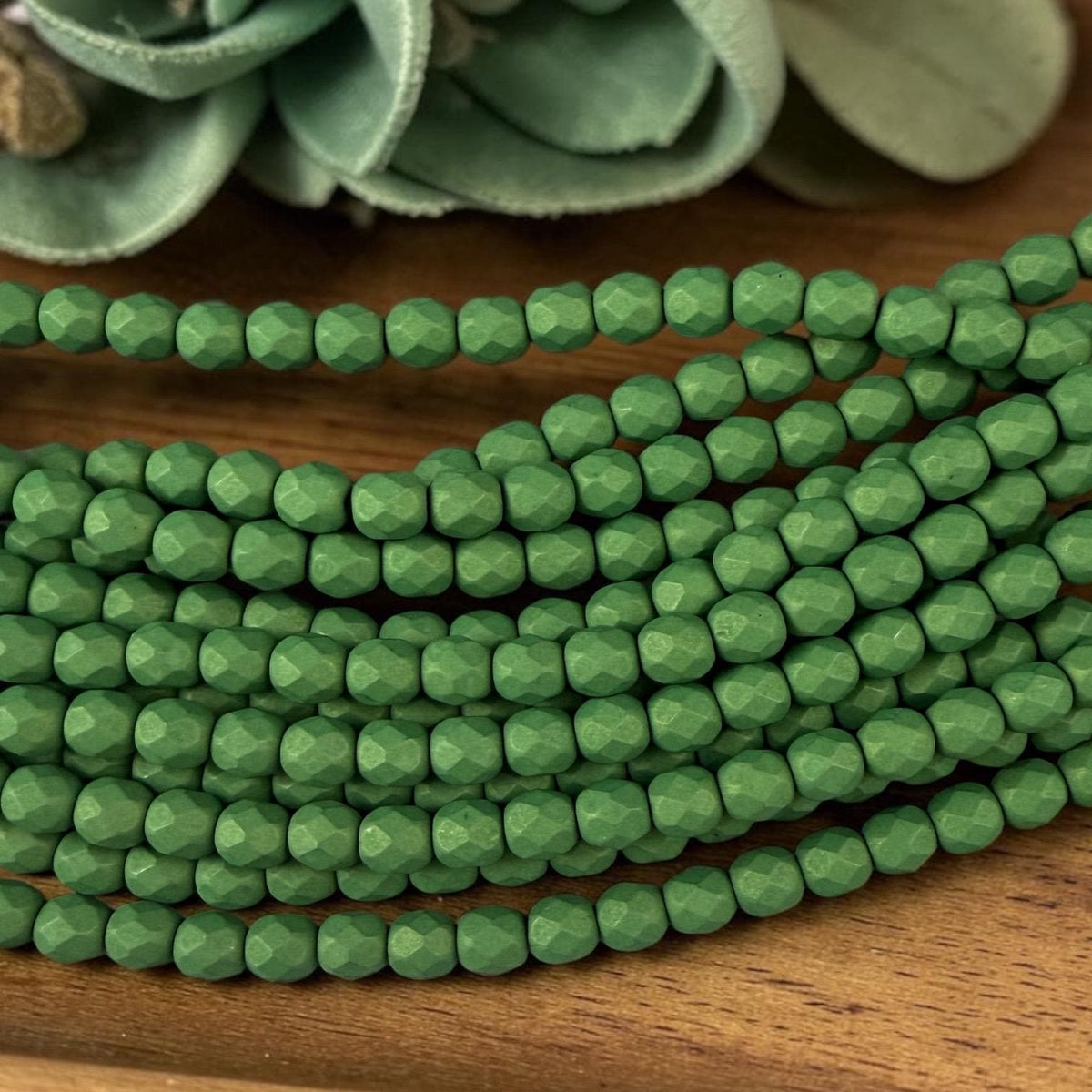 Czech Glass Beads - 6mm Faceted Round, Opaque Matte Green (FP6/SM-29769) * 25 Beads