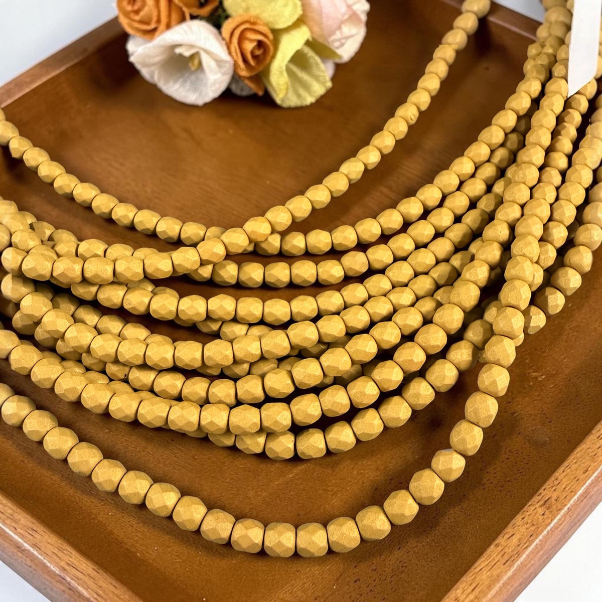 Czech Glass - 4mm Faceted Round Beads, Golden Olive Matte Finish (FP4/SM-29767) * Qty 50