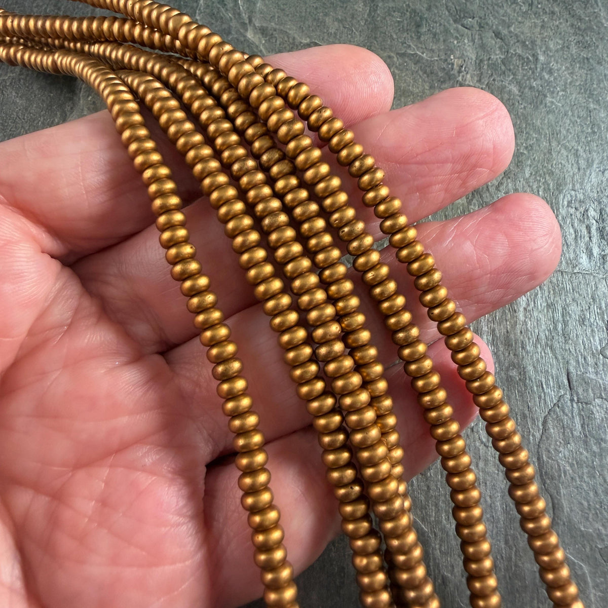 Czech Glass Beads - 4x2mm Heishi Rondelle, Matte Satin Antiqued Gold (RD4/SM-K0174) * Qty. 100