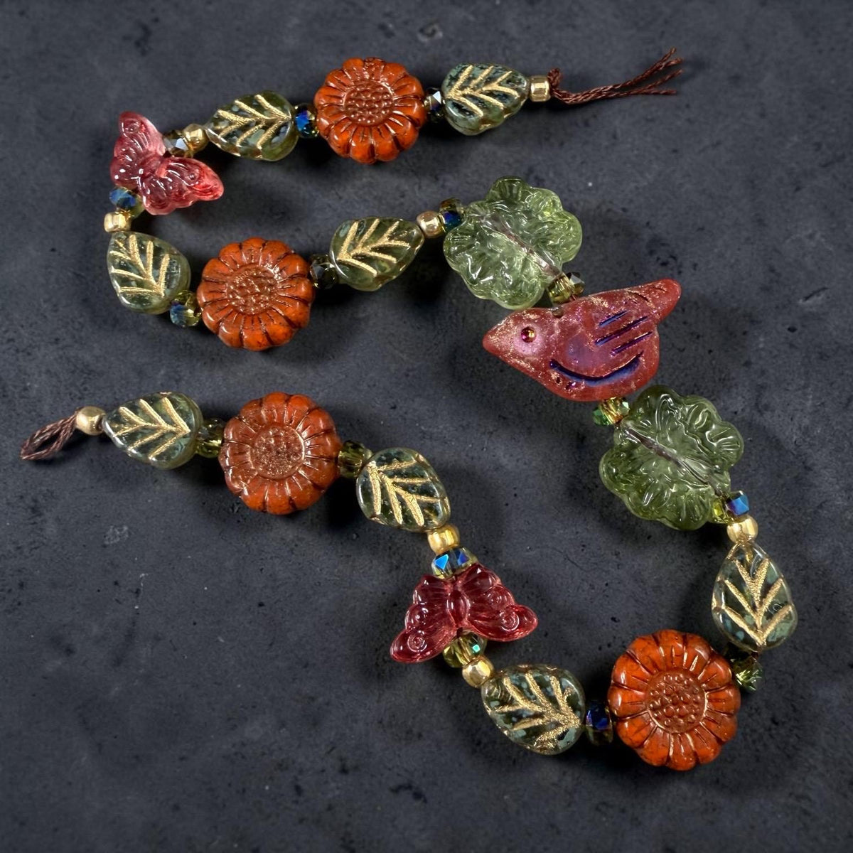 Orange and Green Czech Glass Beads, Nature Theme Exclusive Mix, Bead Soup (DZ526.14) - 9.5" Strand