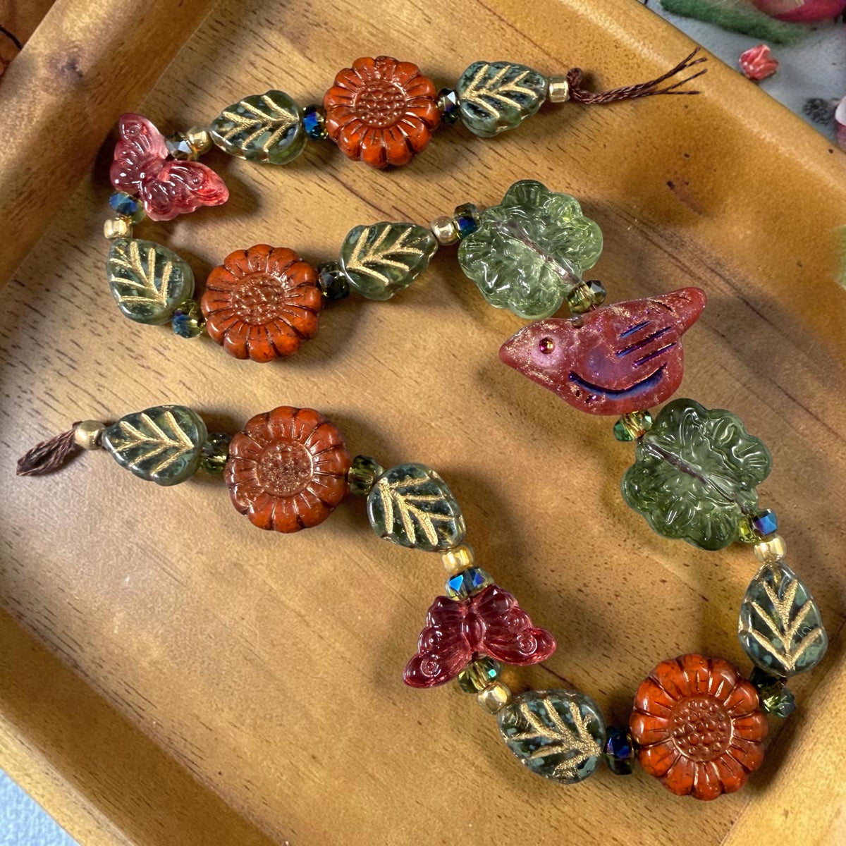 Orange and Green Czech Glass Beads, Nature Theme Exclusive Mix, Bead Soup (DZ526.14) - 9.5" Strand