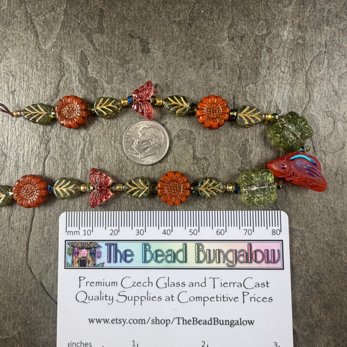 Orange and Green Czech Glass Beads, Nature Theme Exclusive Mix, Bead Soup (DZ526.14) - 9.5" Strand