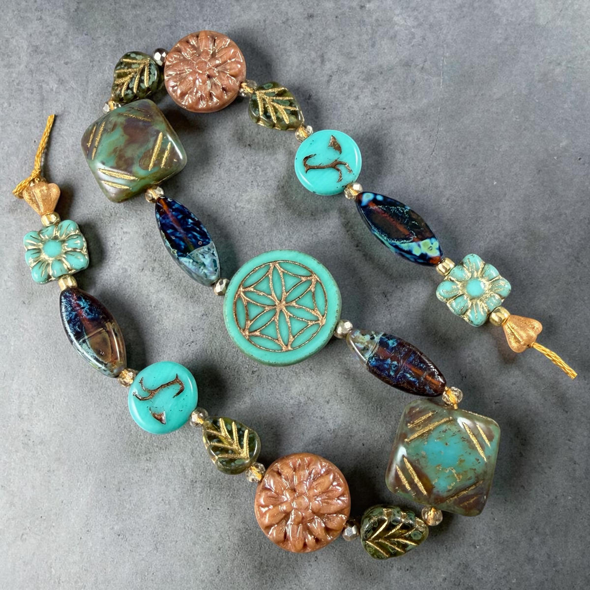 Turquoise and Brown Nature Theme Czech Glass Beads, Exclusive Mix, Bead Soup (1011.01) - 11" Strand