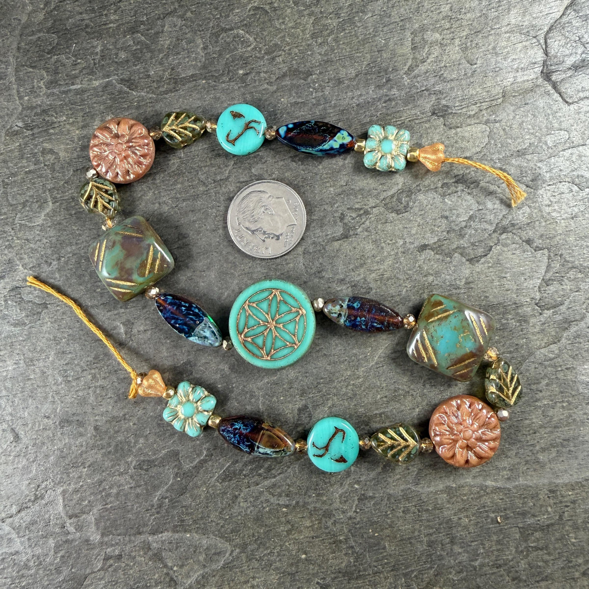 Turquoise and Brown Nature Theme Czech Glass Beads, Exclusive Mix, Bead Soup (1011.01) - 11" Strand