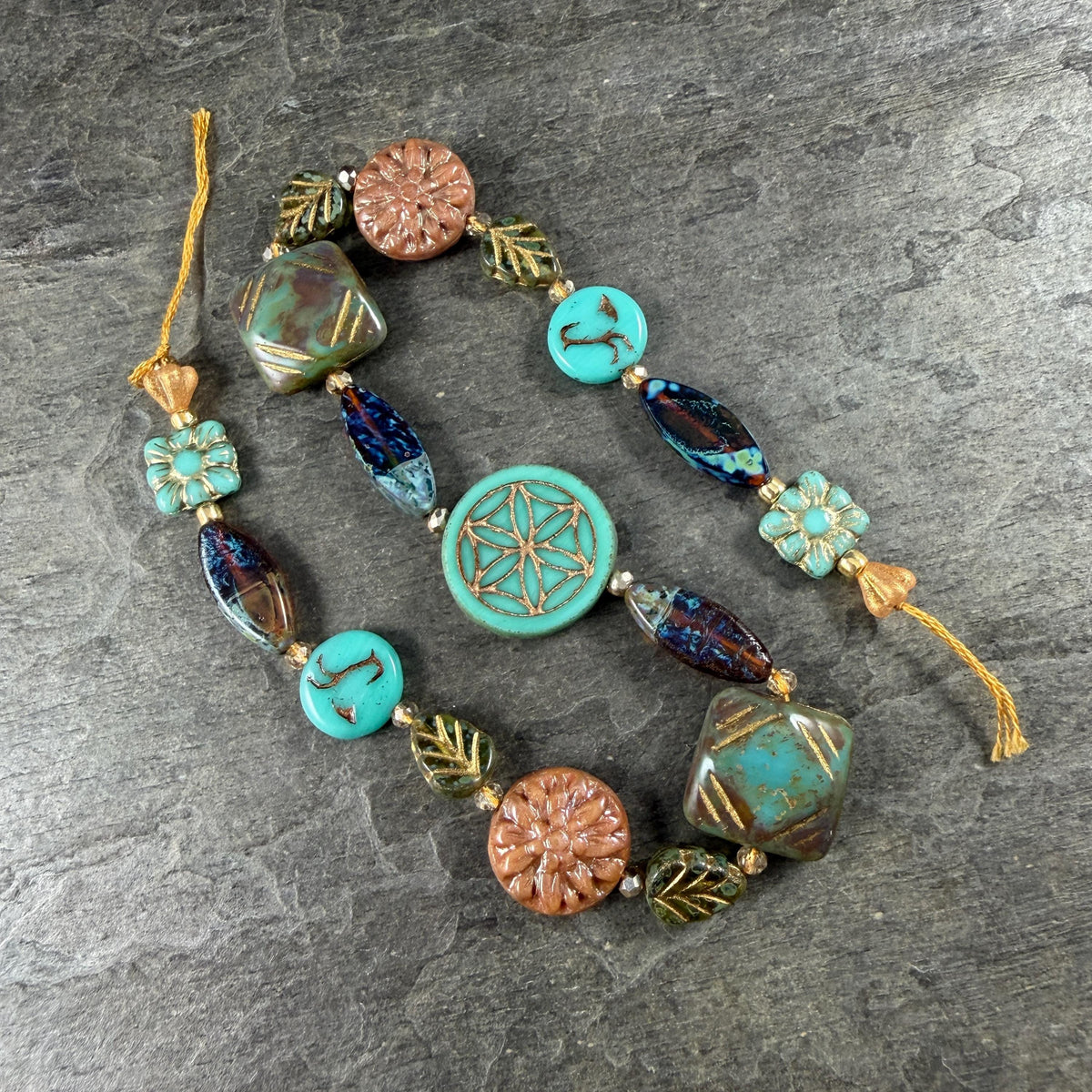 Turquoise and Brown Nature Theme Czech Glass Beads, Exclusive Mix, Bead Soup (1011.01) - 11" Strand