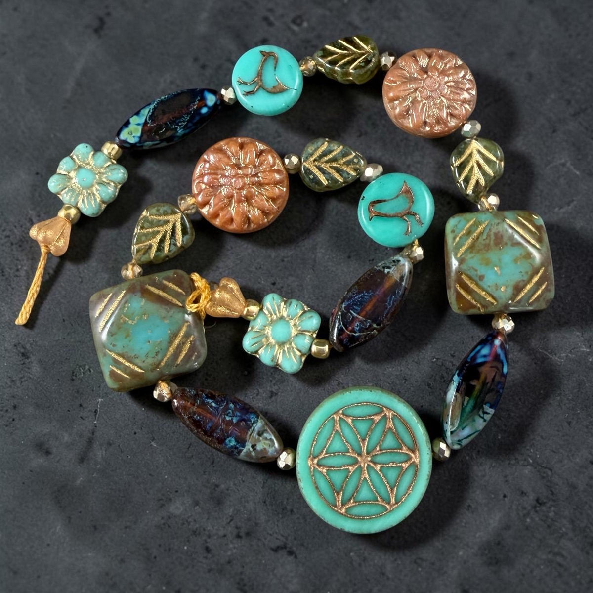 Turquoise and Brown Nature Theme Czech Glass Beads, Exclusive Mix, Bead Soup (1011.01) - 11" Strand
