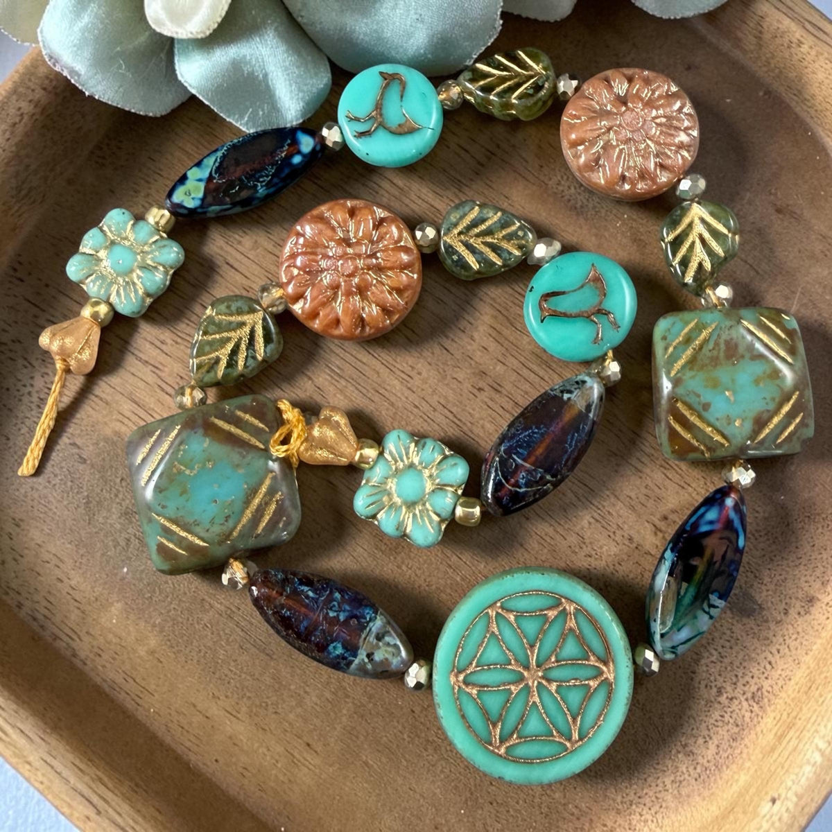 Turquoise and Brown Nature Theme Czech Glass Beads, Exclusive Mix, Bead Soup (1011.01) - 11" Strand