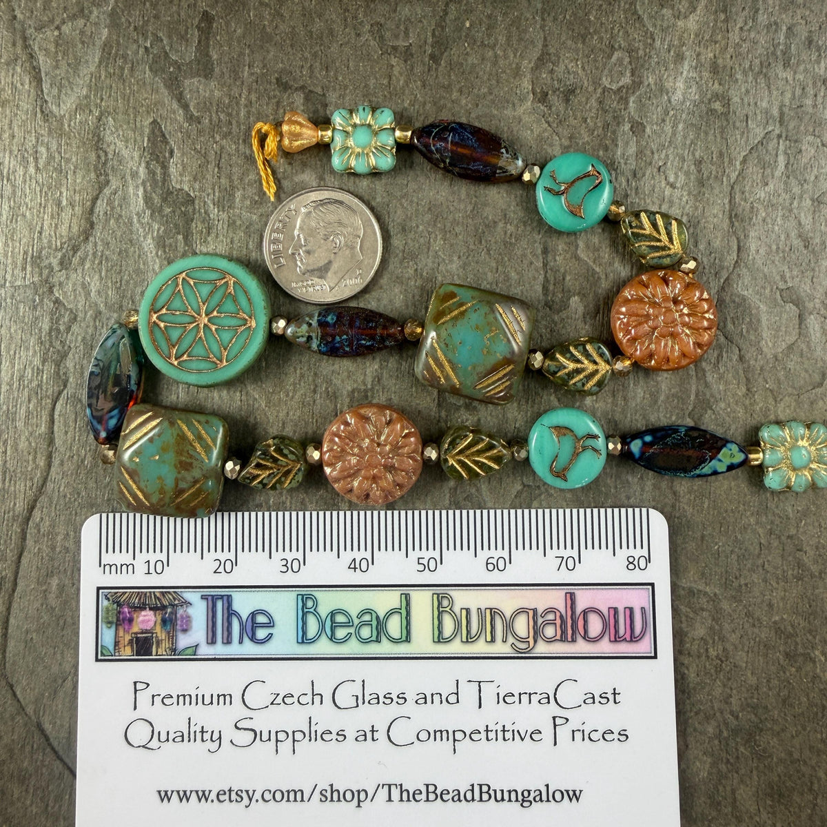 Turquoise and Brown Nature Theme Czech Glass Beads, Exclusive Mix, Bead Soup (1011.01) - 11" Strand