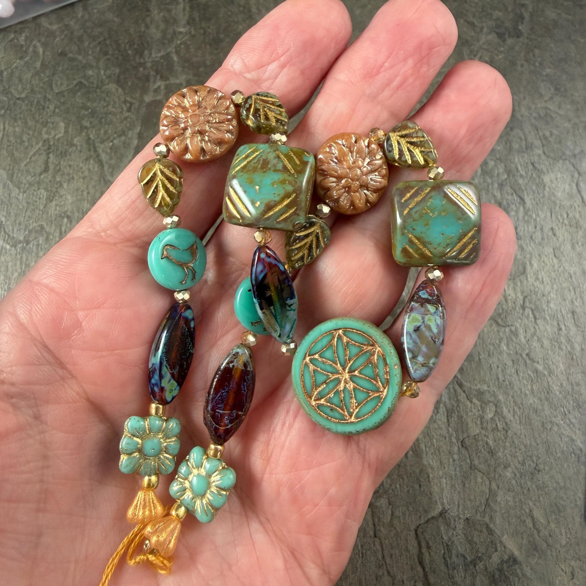 Turquoise and Brown Nature Theme Czech Glass Beads, Exclusive Mix, Bead Soup (1011.01) - 11" Strand