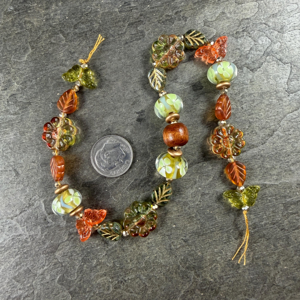 Orange and Green Floral Theme Glass Beads, Exclusive Mix, Bead Soup (1011.03) - 10.5" Strand