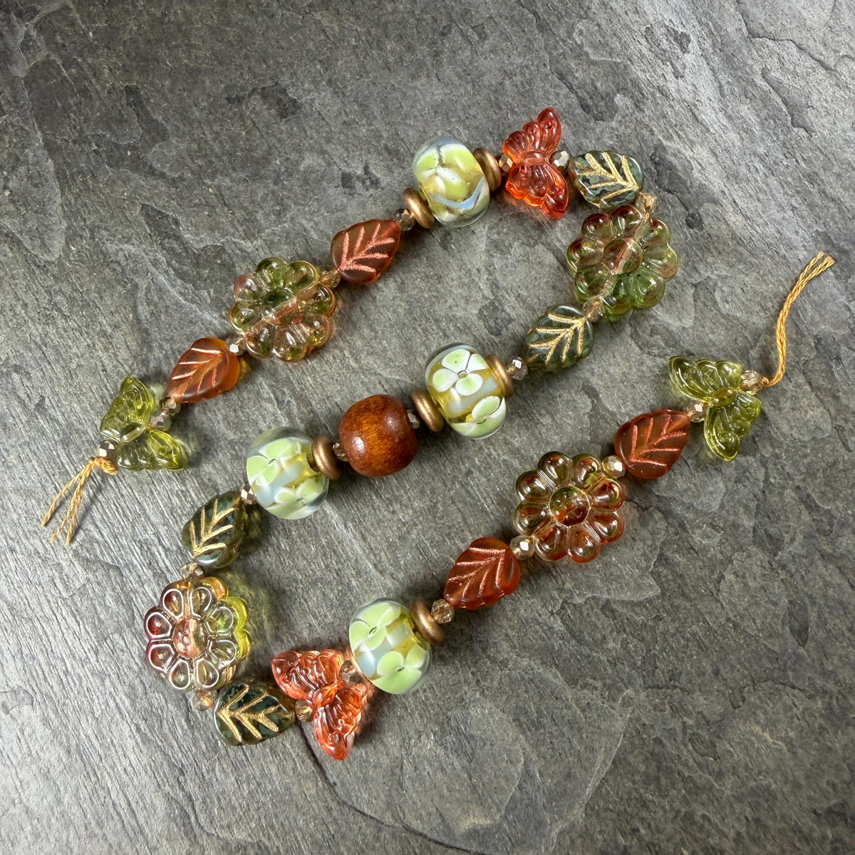 Orange and Green Floral Theme Glass Beads, Exclusive Mix, Bead Soup (1011.03) - 10.5" Strand