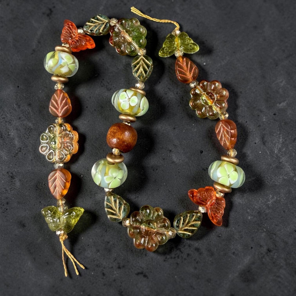 Orange and Green Floral Theme Glass Beads, Exclusive Mix, Bead Soup (1011.03) - 10.5" Strand