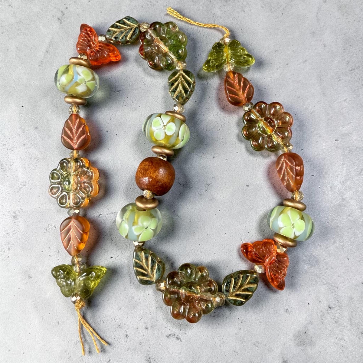 Orange and Green Floral Theme Glass Beads, Exclusive Mix, Bead Soup (1011.03) - 10.5" Strand