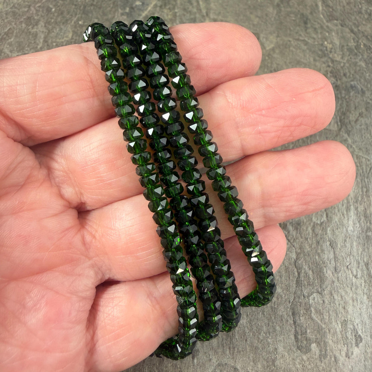 Faceted Glass Beads - 4x2.5mm Heishi Rondelles, Dark Forest Green (Forest) * 7" Strand