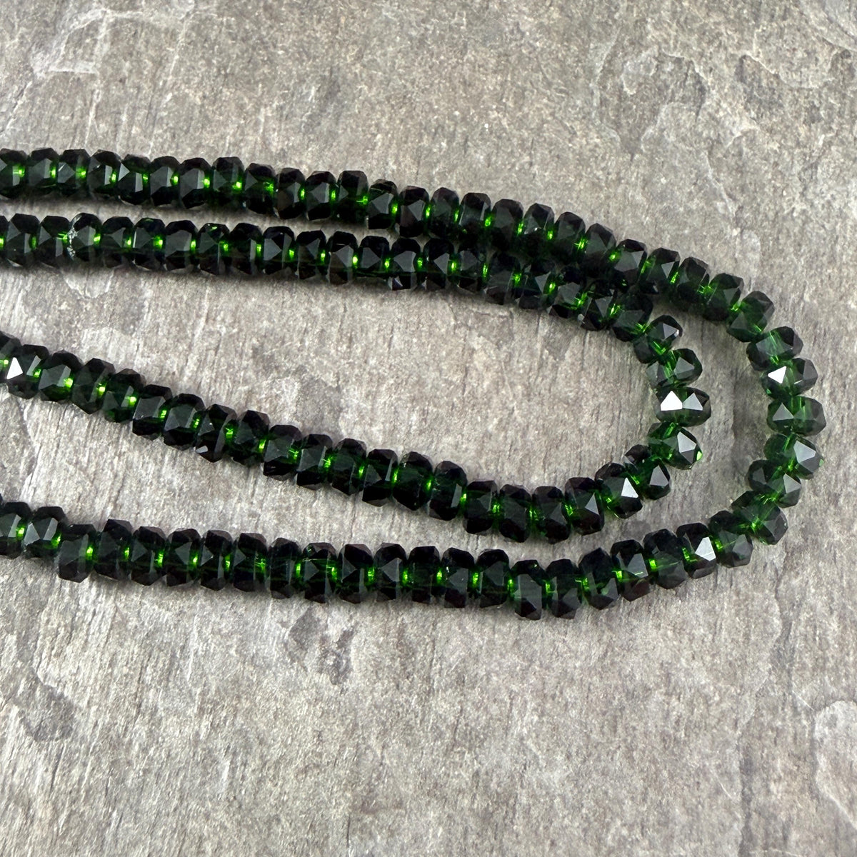 Faceted Glass Beads - 4x2.5mm Heishi Rondelles, Dark Forest Green (Forest) * 7" Strand