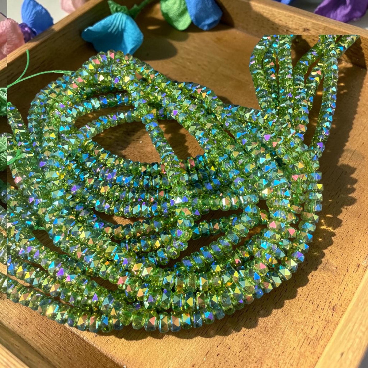 Faceted Glass Beads - 4x2.5mm Heishi Rondelles, Transparent Lime Green with Rainbow AB Finish (Lime-AB) * 7" Strand