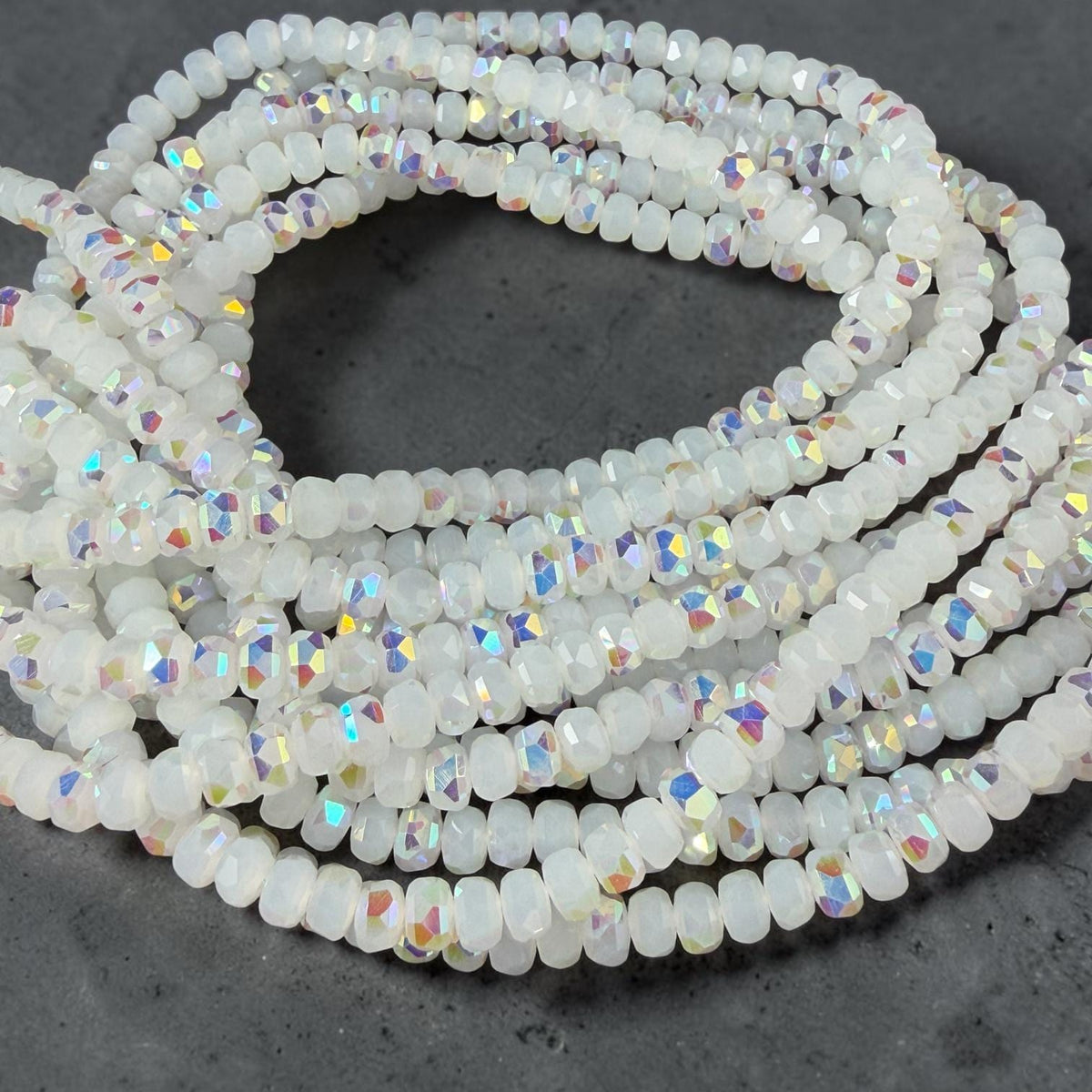 Faceted Glass Beads - 4x2.5mm Heishi Rondelles, White with AB Finish (WhiteAB) * 7" Strand