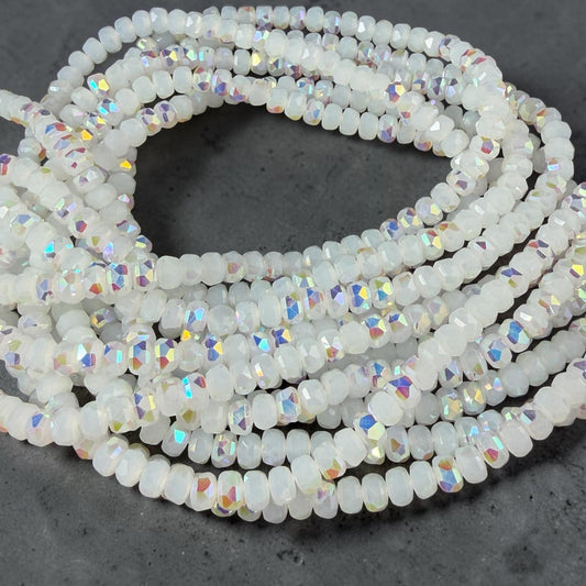 Faceted Glass Beads - 4x2.5mm Heishi Rondelles, White with AB Finish (WhiteAB) * 7" Strand