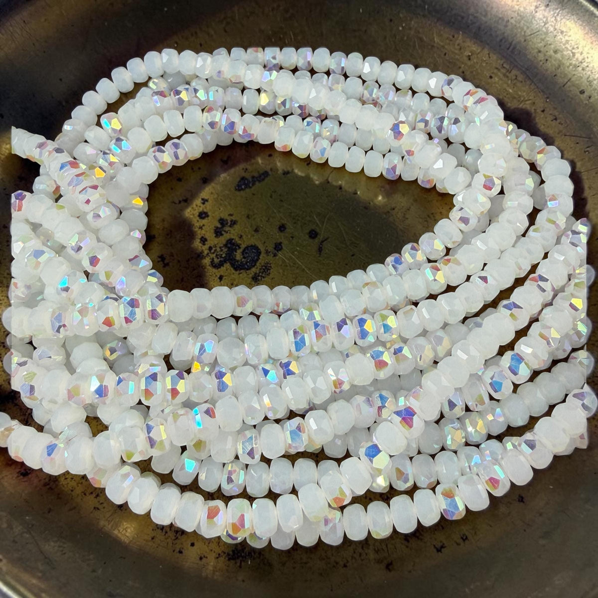 Faceted Glass Beads - 4x2.5mm Heishi Rondelles, White with AB Finish (WhiteAB) * 7" Strand