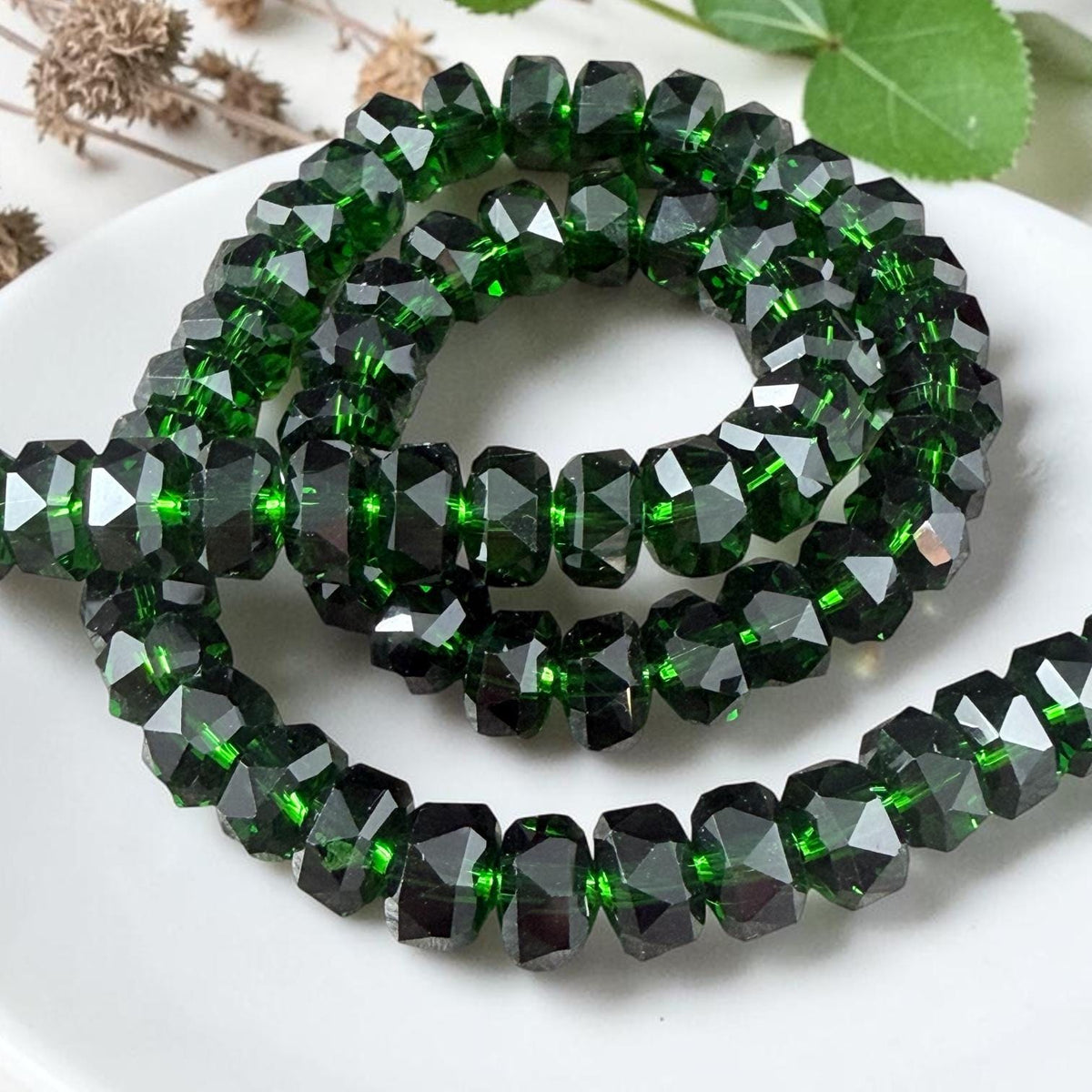 Transparent Green 8x5.25mm Faceted Rondelle - Dark Forest Green (8x5mmRon-Forest) * 30 Beads