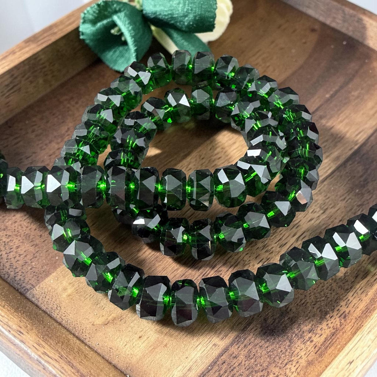 Transparent Green 8x5.25mm Faceted Rondelle - Dark Forest Green (8x5mmRon-Forest) * 30 Beads