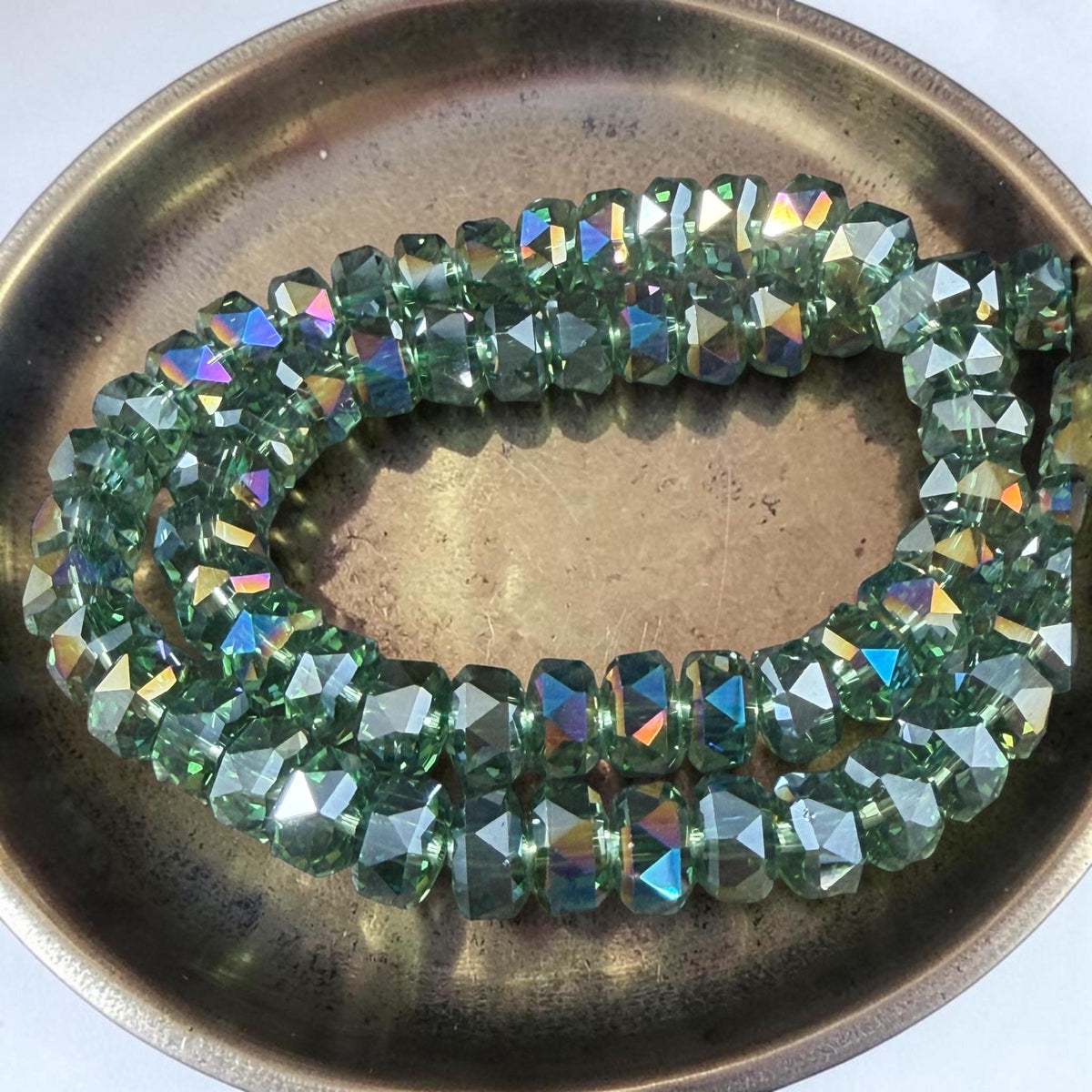 Iridescent 8x5.25mm Faceted Rondelle - Fern Green with AB (8x5RON-FernAB) * 30 Beads